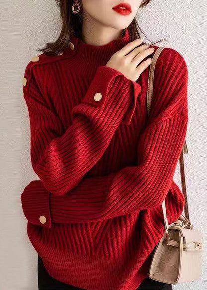 Red Stand Collar Thick Patchwork Knit Pullover Fall
