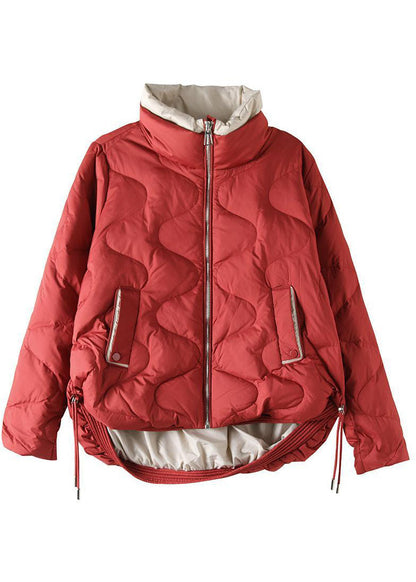Red Stand Collar Zip Up Drawstring Duck Down Down Jacket Winter