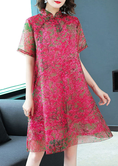 Red Stand Collar Print Silk Dress Short Sleeve