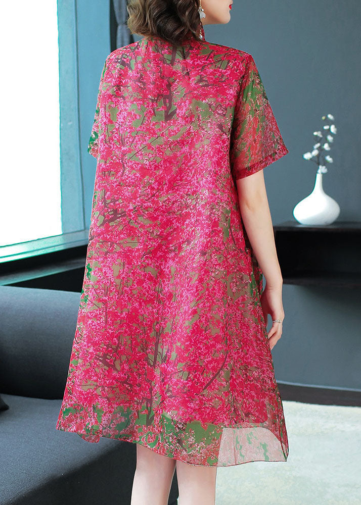 Red Stand Collar Print Silk Dress Short Sleeve