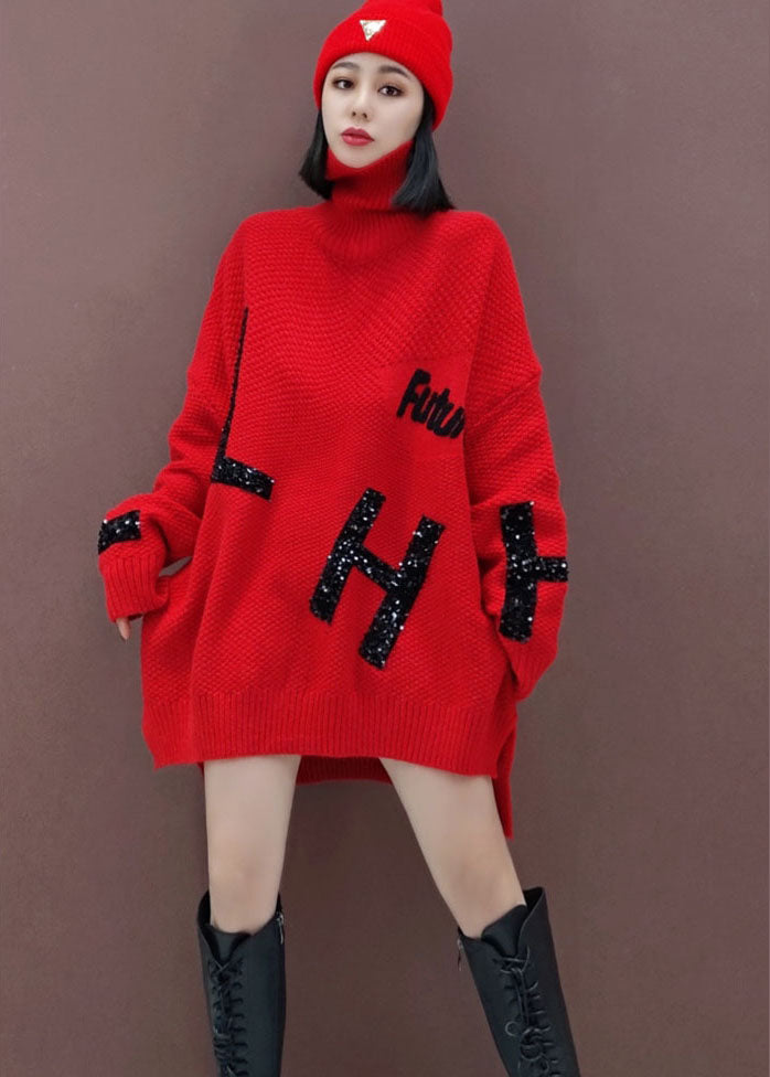 Red Turtle Neck Knitted Dress Winter