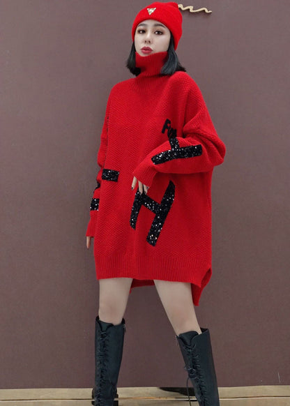 Red Turtle Neck Knitted Dress Winter