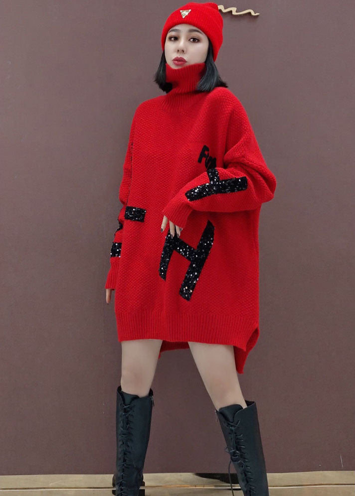 Red Turtle Neck Knitted Dress Winter