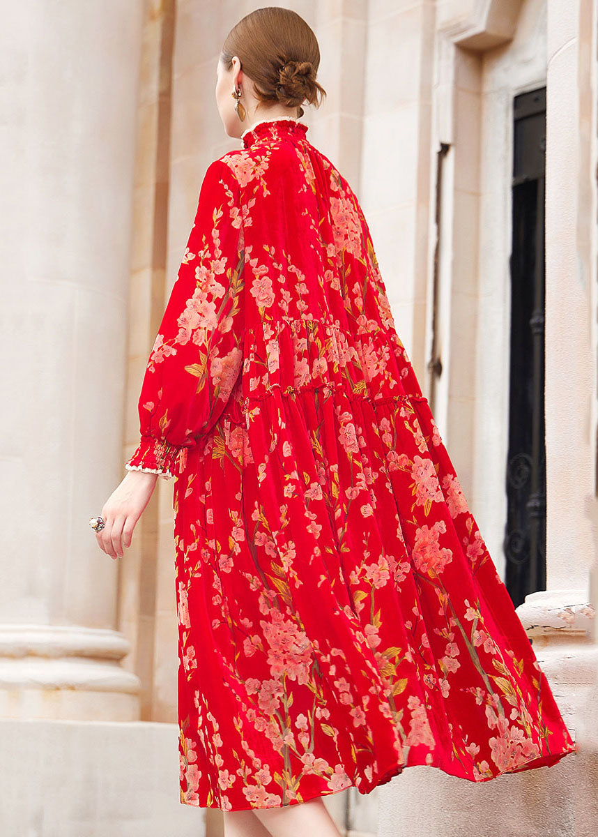 Red Turtleneck Print Ruffled Silk Velour Vacation Maxi Dresses Fall
