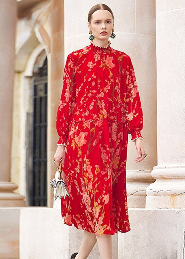 Red Turtleneck Print Ruffled Silk Velour Vacation Maxi Dresses Fall