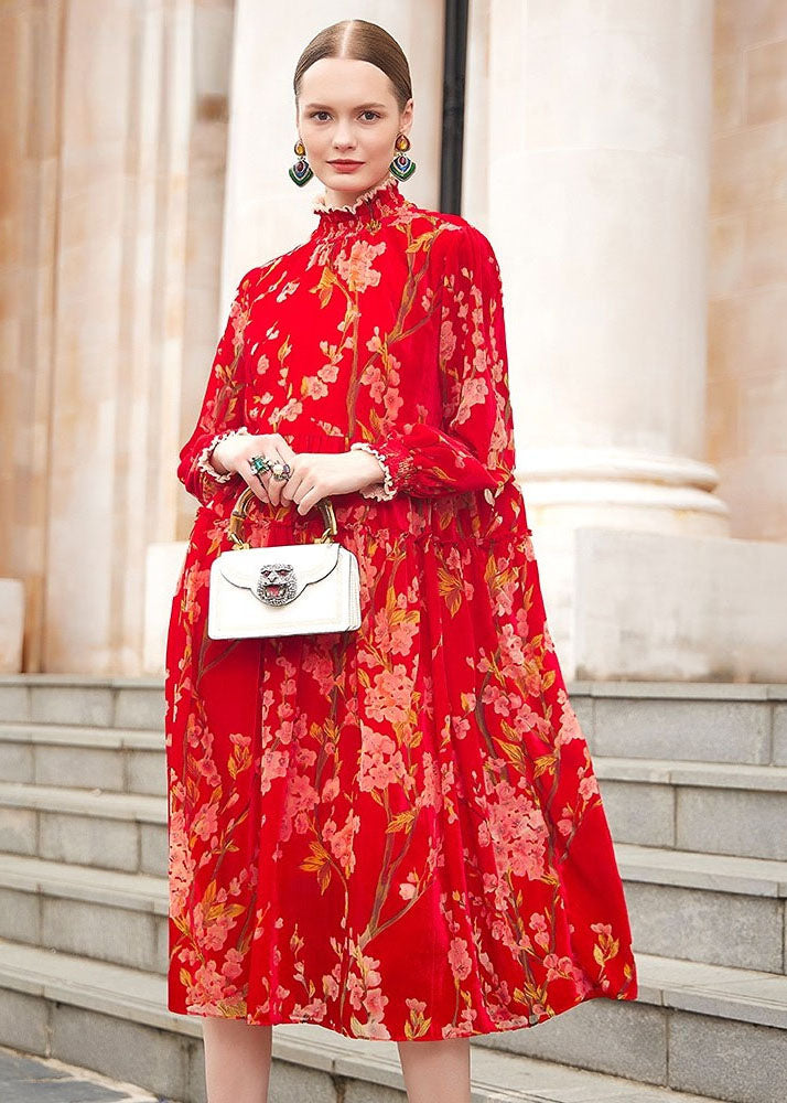 Red Turtleneck Print Ruffled Silk Velour Vacation Maxi Dresses Fall