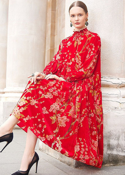 Red Turtleneck Print Ruffled Silk Velour Vacation Maxi Dresses Fall