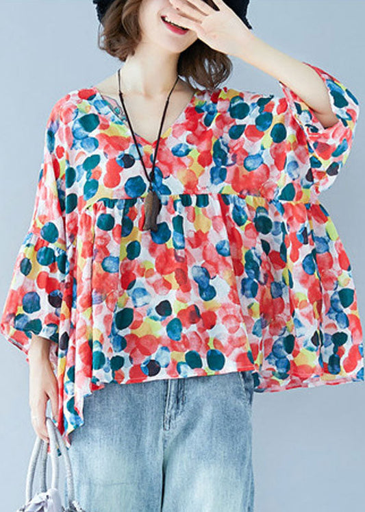 Red V Neck Dot Print Patchwork Wrinkled Chiffon Blouses Short Sleeve