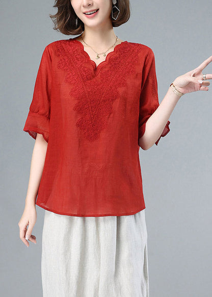 Red V Neck Embroideried Patchwork Linen Tops Summer