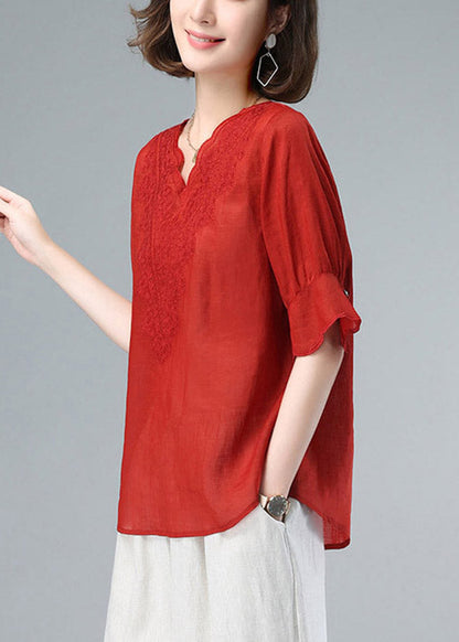 Red V Neck Embroideried Patchwork Linen Tops Summer