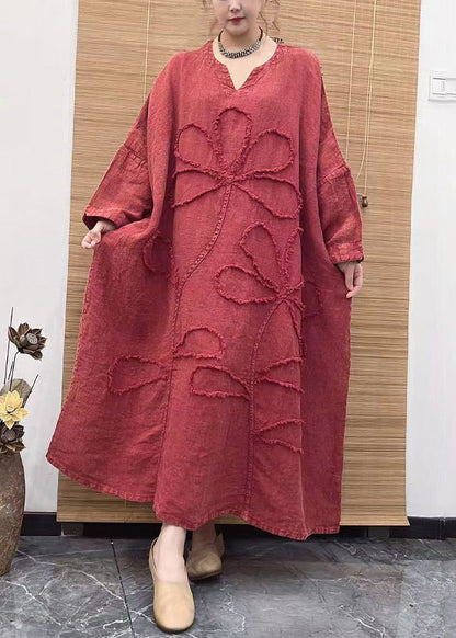 Red V Neck Embroidery Patchwork Linen Dress Long Sleeve