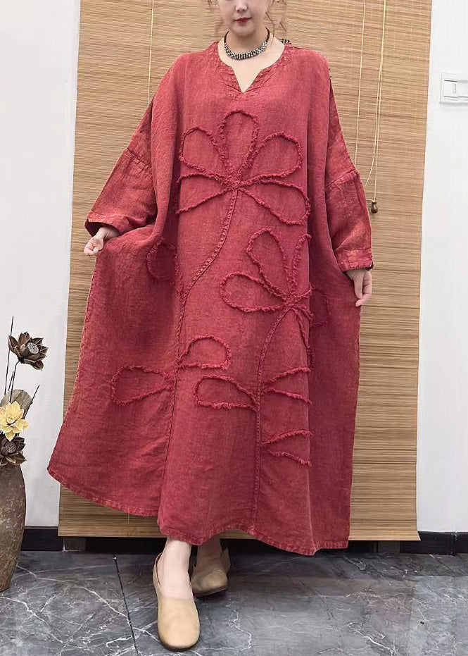 Red V Neck Embroidery Patchwork Linen Dress Long Sleeve