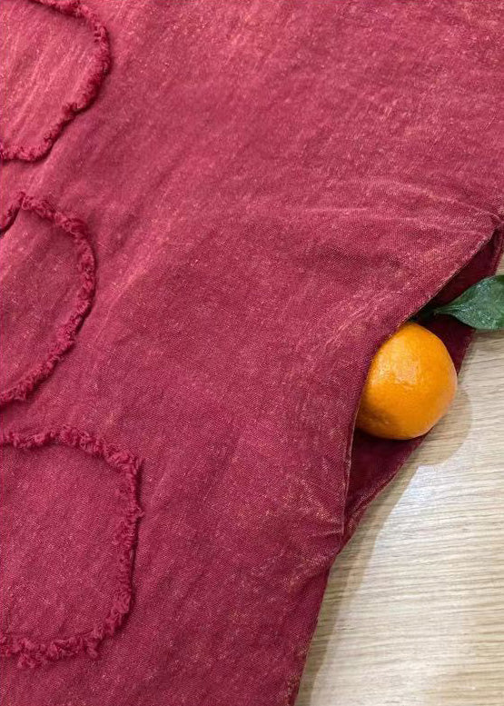 Red V Neck Embroidery Patchwork Linen Dress Long Sleeve