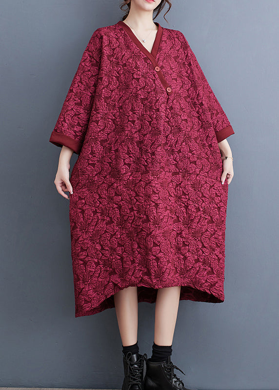 Red V Neck Jacquard Patchwork Cotton Dress Fall