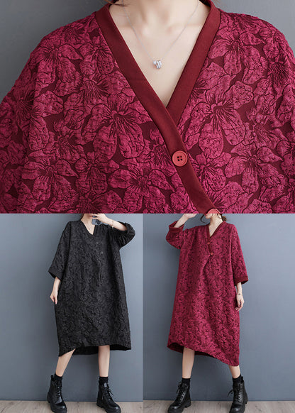 Red V Neck Jacquard Patchwork Cotton Dress Fall