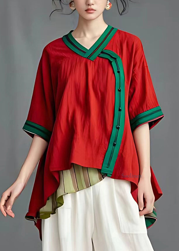 Red V Neck Low High Design T Shirts Short Sleeve