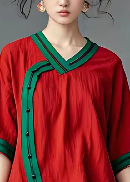 Red V Neck Low High Design T Shirts Short Sleeve
