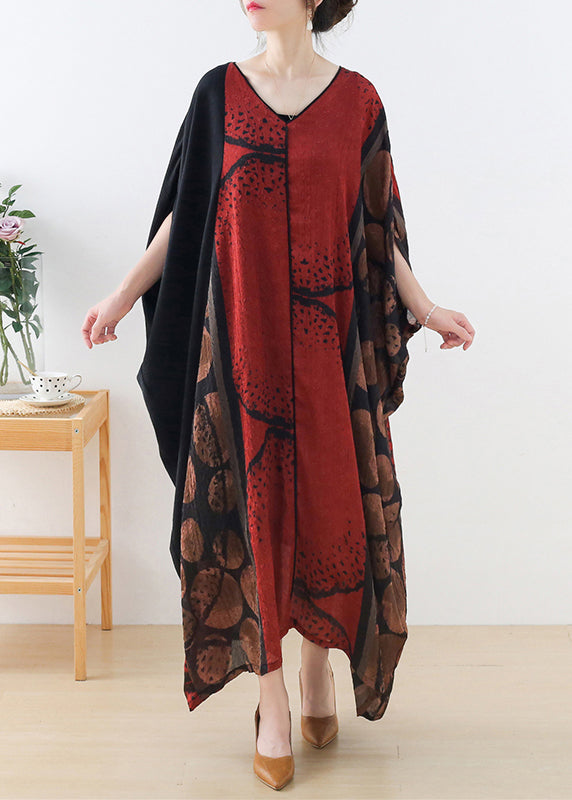 Red V Neck Patchwork Silk Long Dress Batwing Sleeve