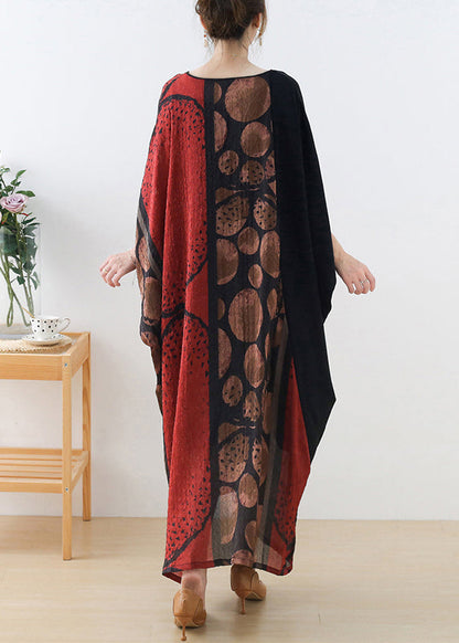 Red V Neck Patchwork Silk Long Dress Batwing Sleeve