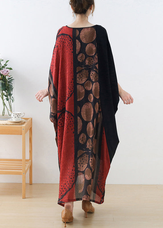 Red V Neck Patchwork Silk Long Dress Batwing Sleeve