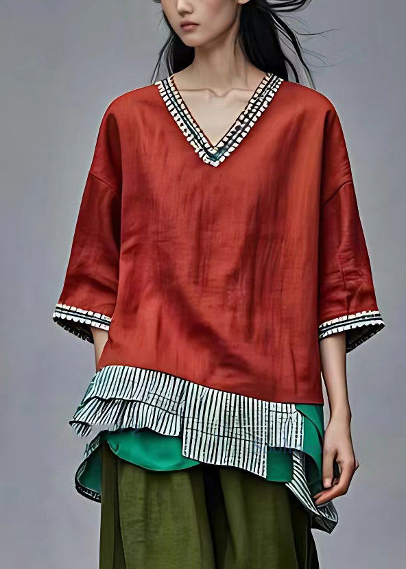 Red V Neck Plaid Patchwork Top Fall