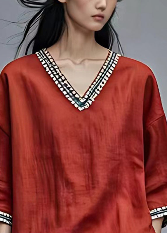 Red V Neck Plaid Patchwork Top Fall