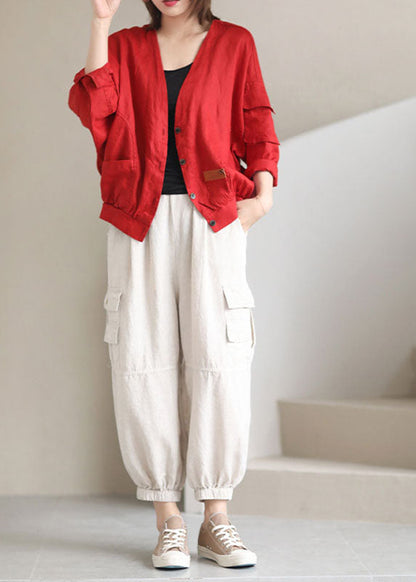 Red V Neck Pockets Fall Coats Long Sleeve