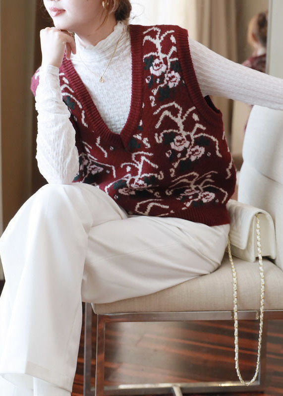 Red V Neck Print Knit Vests Spring