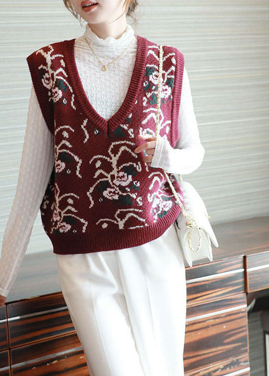 Red V Neck Print Knit Vests Spring