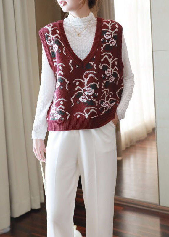 Red V Neck Print Knit Vests Spring