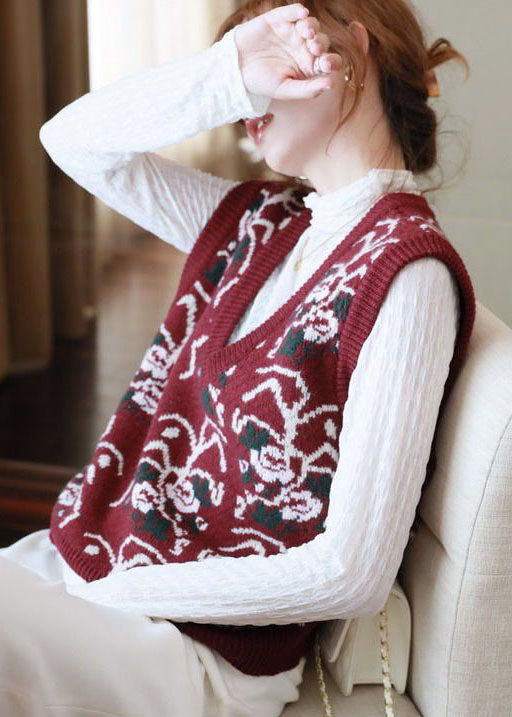 Red V Neck Print Knit Vests Spring