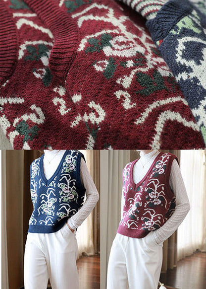 Red V Neck Print Knit Vests Spring