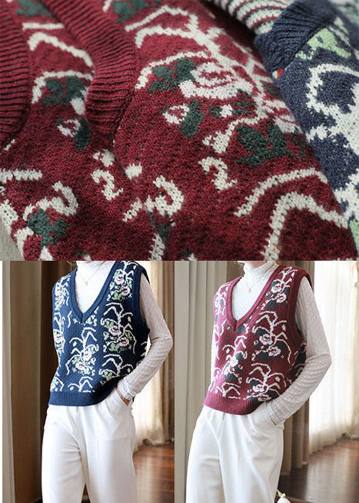 Red V Neck Print Knit Vests Spring