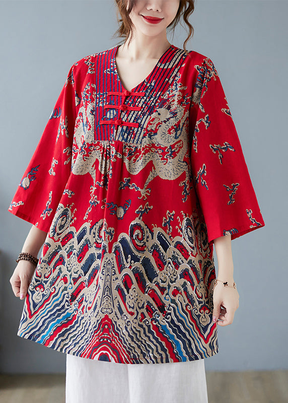 Red V Neck Print Top Spring