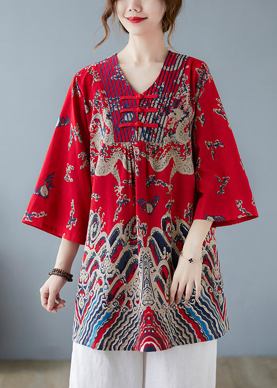 Red V Neck Print Top Spring