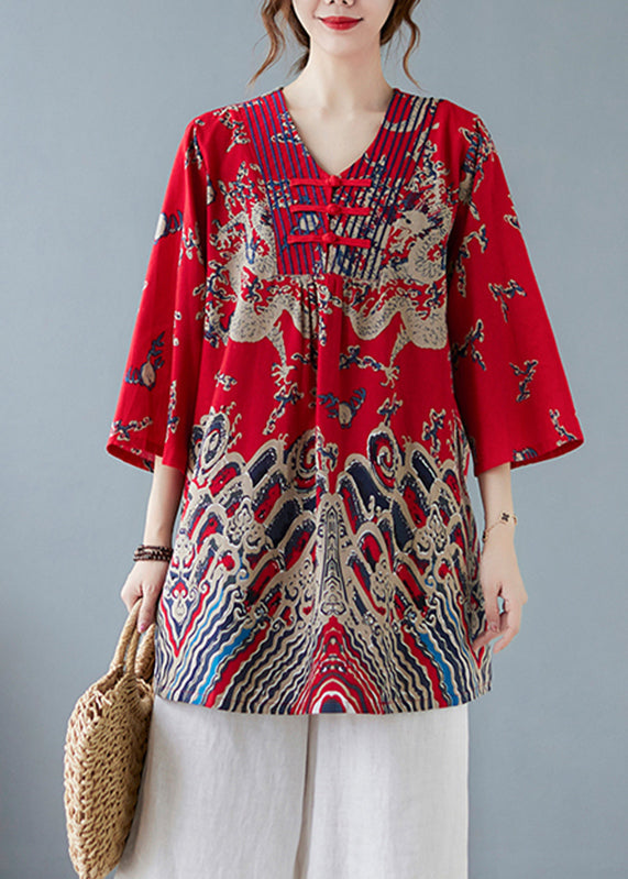 Red V Neck Print Top Spring