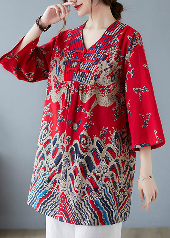 Red V Neck Print Top Spring