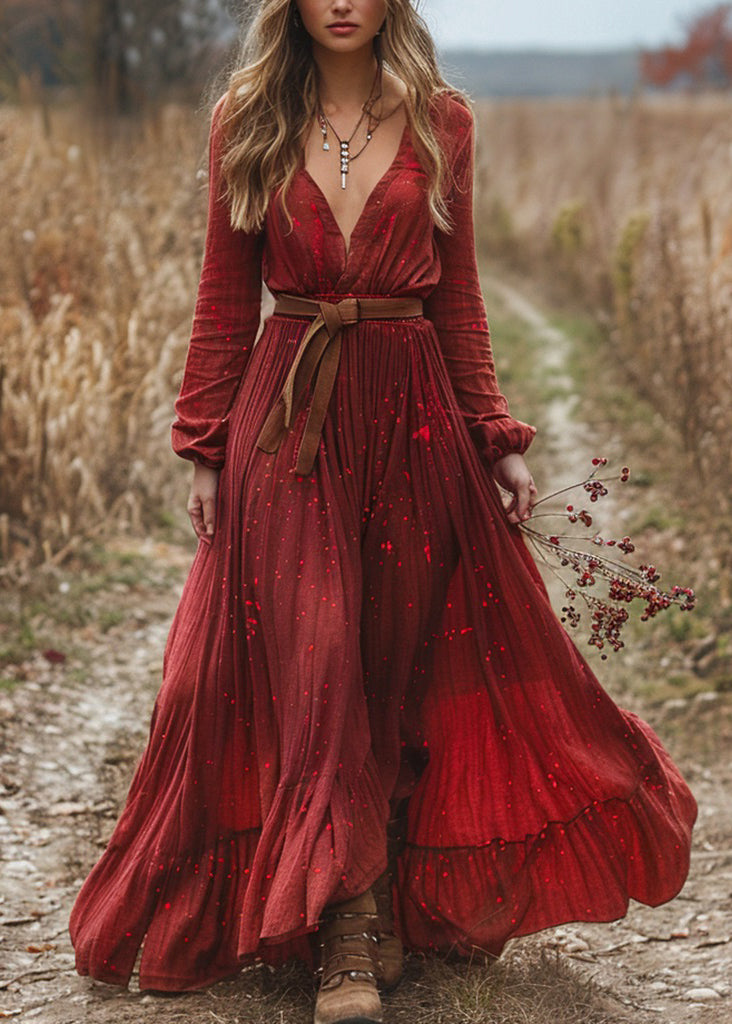 Red V Neck Wrinkled Patchwork Cotton Dress Long Sleeve