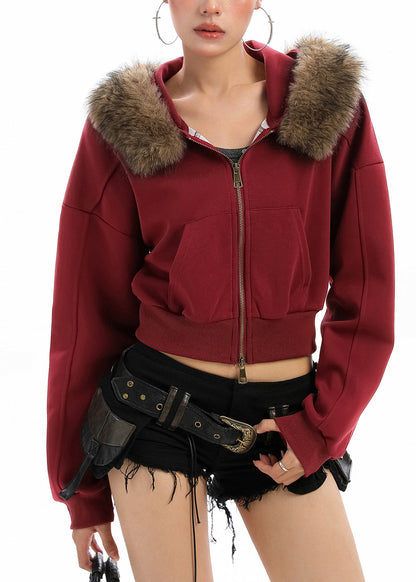 Red Zip Up Patchwork Faux Fur Hooded Coat Winter
