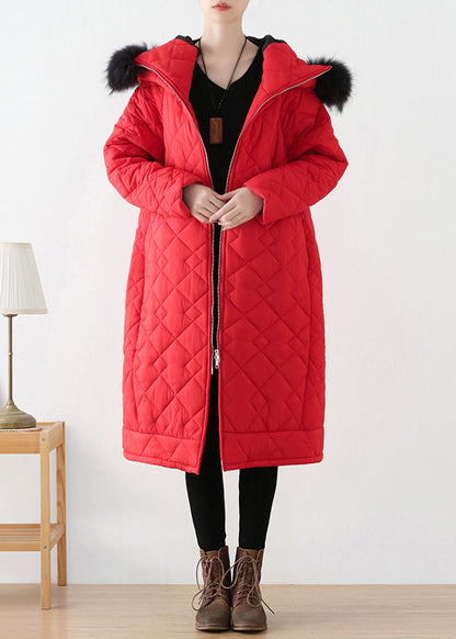 Red Zippered Thick Hooded Long Parka Winter