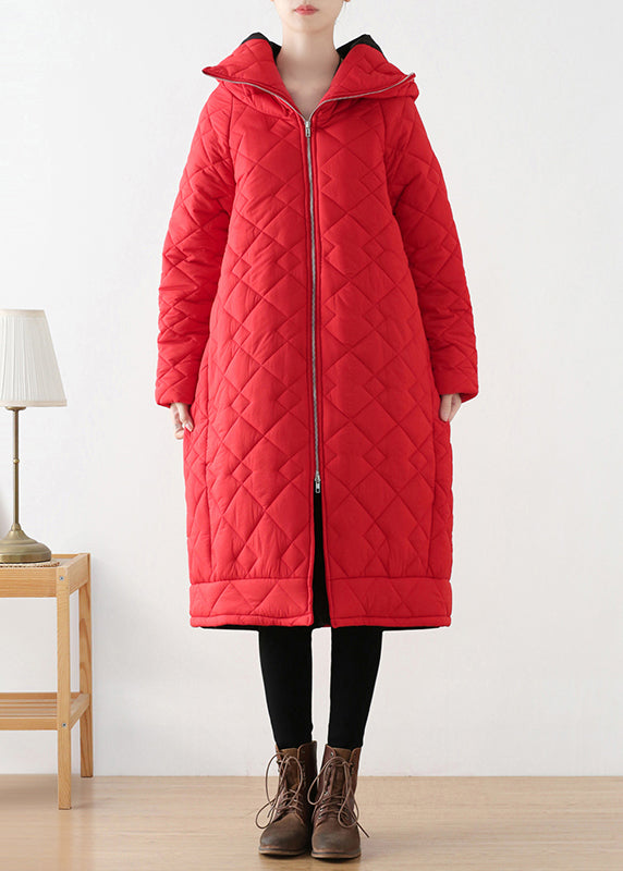 Red Zippered Thick Hooded Long Parka Winter