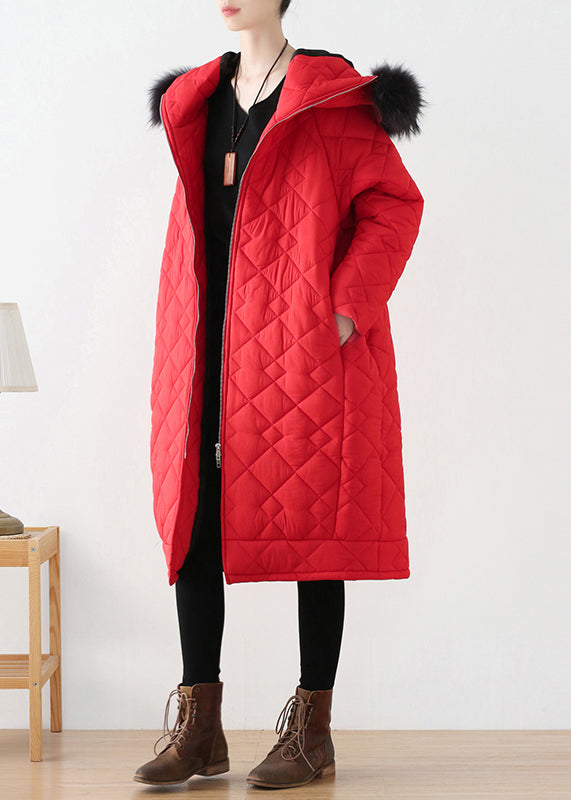 Red Zippered Thick Hooded Long Parka Winter