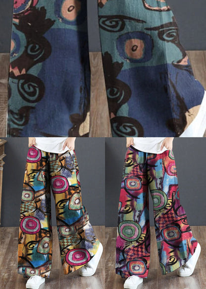 Red Elastic Waist Pockets Print Cotton Wide Leg Pants Summer