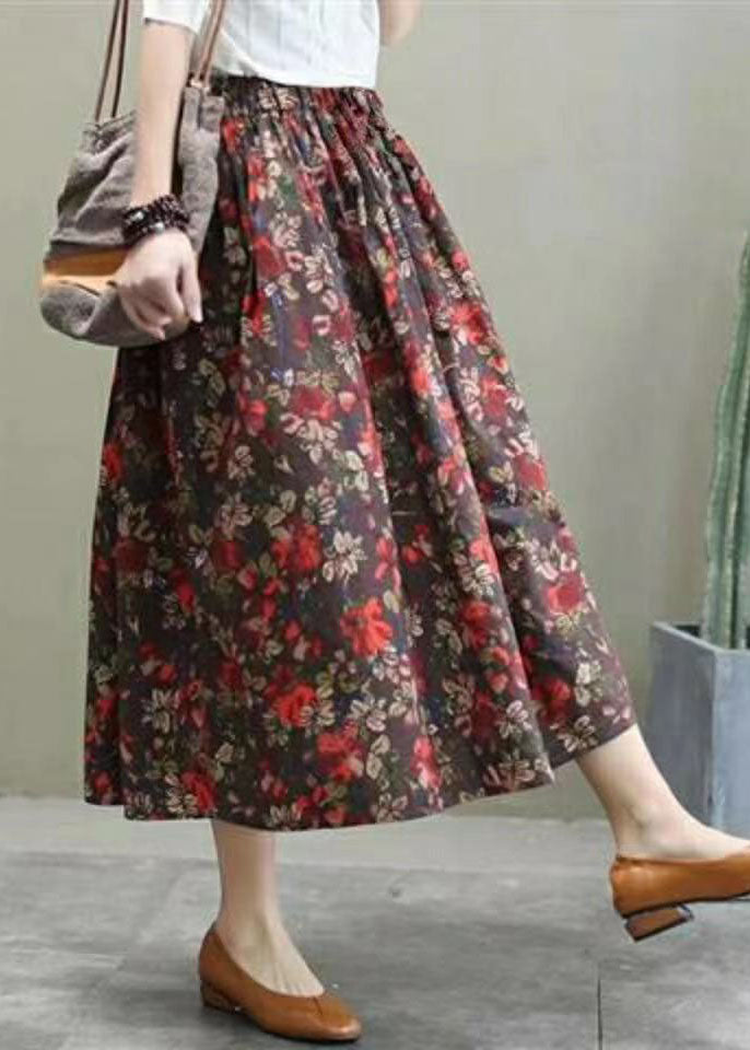 Red Elastic Waist Print Cotton Skirts Spring