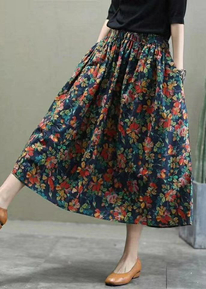 Red Elastic Waist Print Cotton Skirts Spring