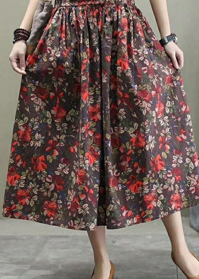 Red Elastic Waist Print Cotton Skirts Spring