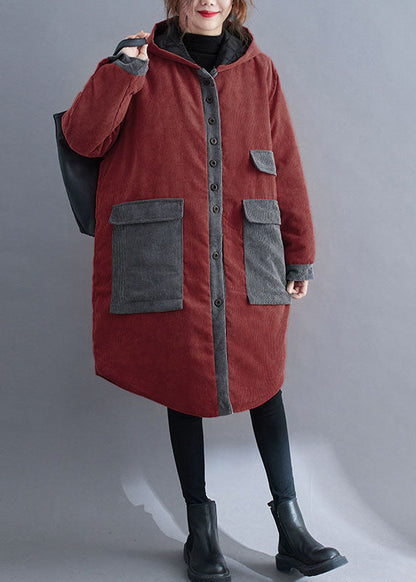 Red Hooded Button Corduroy Winter Cotton Long Coat Sleeve