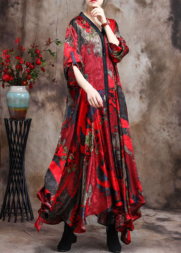 Red Retro Print Patchwork Fall Dress