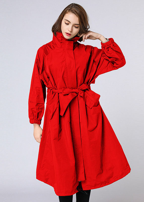 Red Zippered Tie Waist Pockets Fall Long Coat