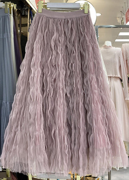 Rose High Waist Wrinkled Tulle Maxi Skirts Spring
